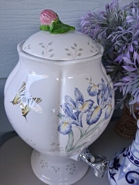 Lenox White Ceramic Dispenser with Blue and Yellow Iris and Pink Bud Lid